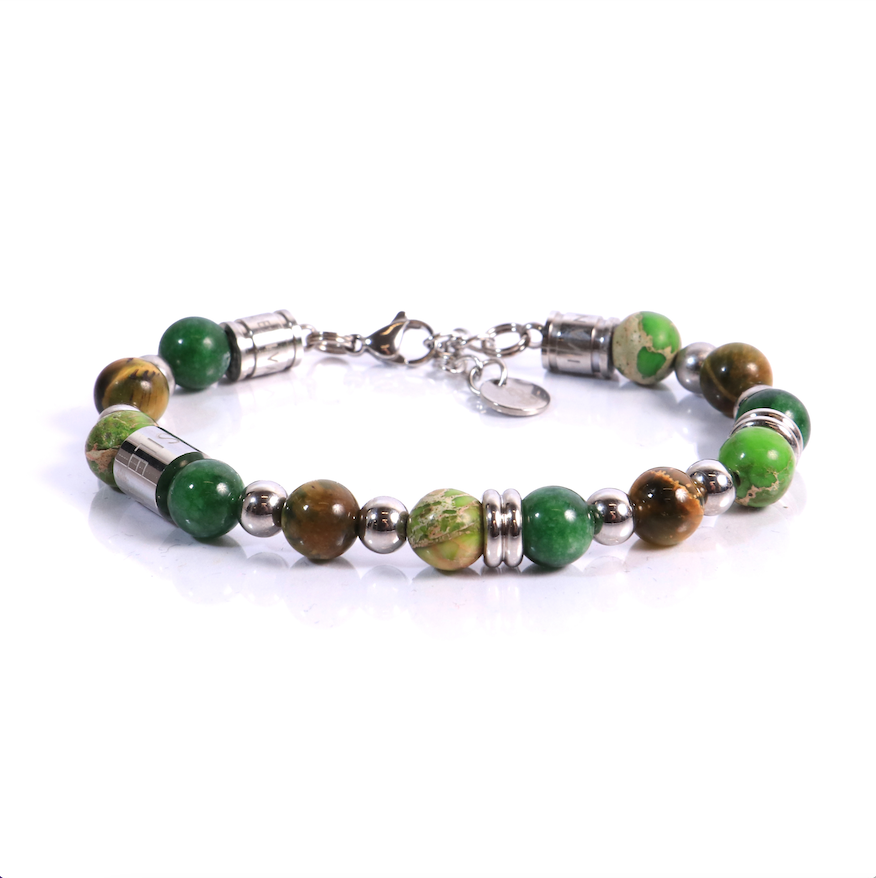 BRACCIALE UOMO IN ACCIAIO CON PIETRE VERDI ED ELEMENTI IN ACCIAIO BRACCIALE UOMO IN ACCIAIO CON PIETRE VERDI ED ELEMENTI IN ACCIAIO